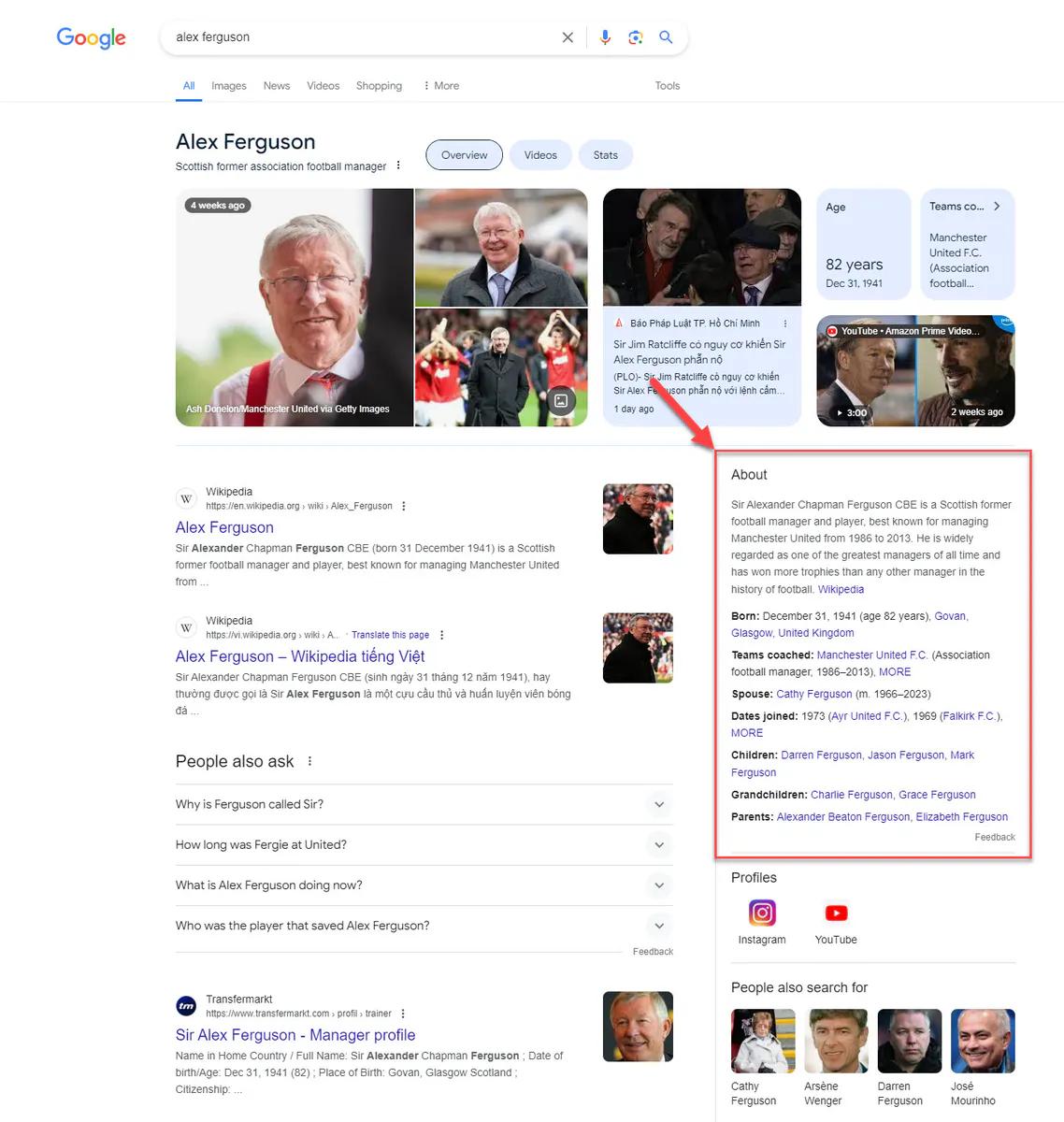 Ví dụ minh họa về Bảng điều khiển tri thức thực thể của Alex Ferguson (Google Knowledge Panel)