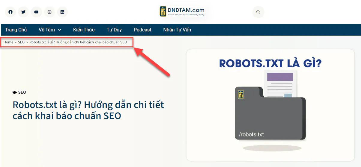 Minh họa sử dụng Breadcrumbs để bổ sung cho cấu trúc website