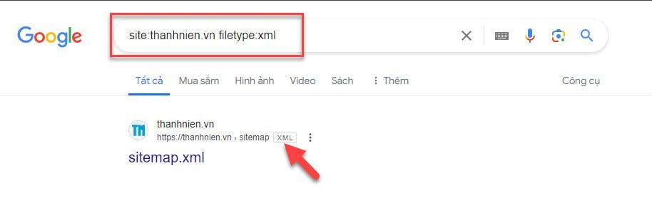Ví dụ tìm kiếm sitemap bằng toán tử tìm kiếm