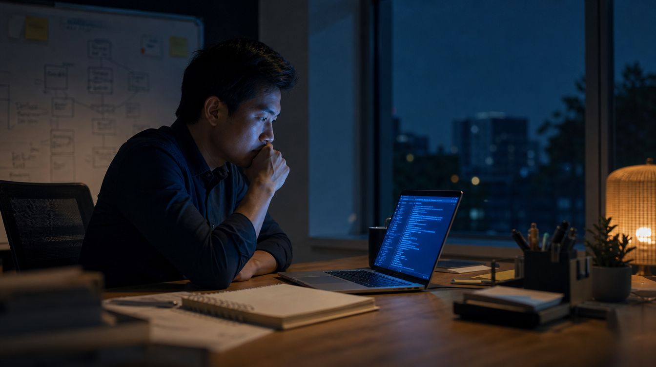 Founder SME ngồi trước laptop với AI trong khi sổ tay và bảng trắng bị bỏ quên — ảo giác năng suất