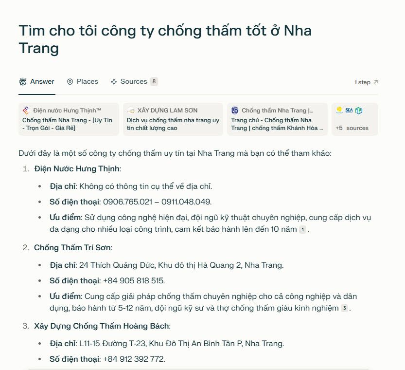 Perplexity Tìm cho tôi công ty chống thấm tốt tại Nha Trang