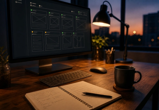 Dark workspace with a monitor showing a website crawl and sitemap-style audit view