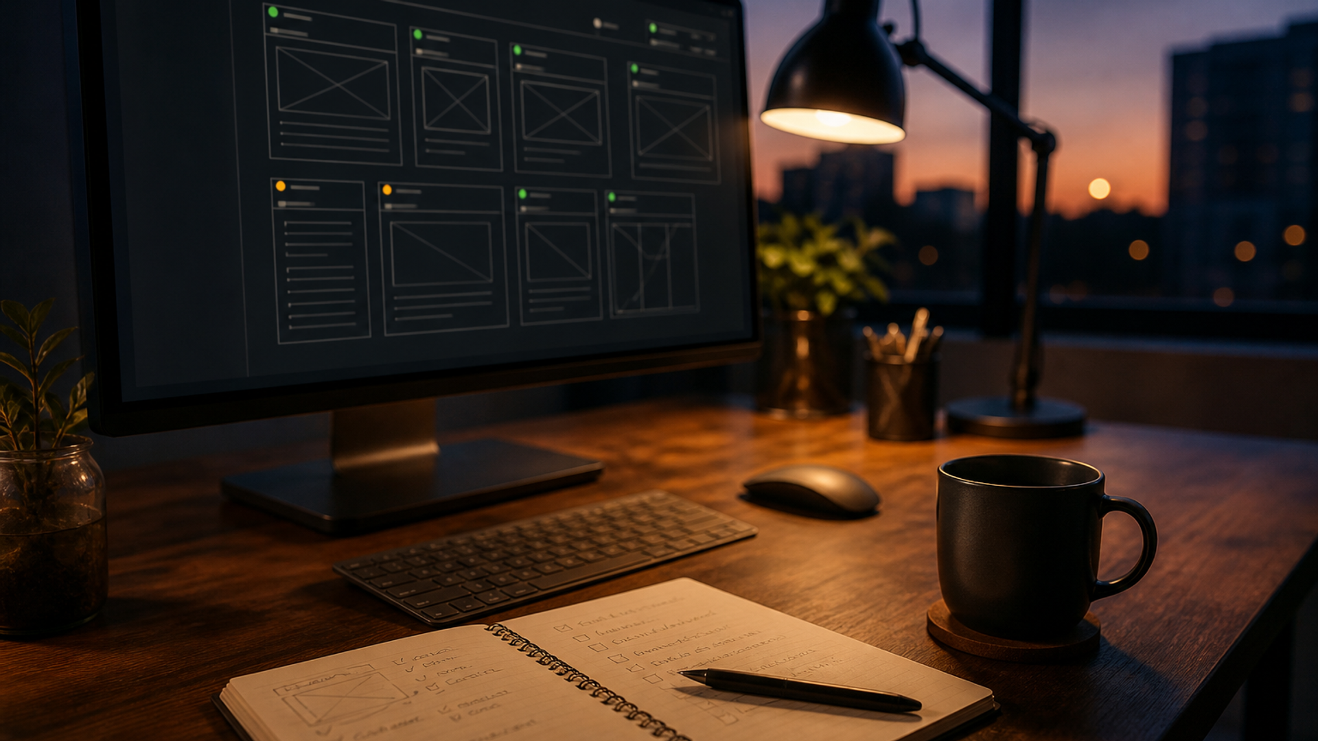 Dark workspace with a monitor showing a website crawl and sitemap-style audit view
