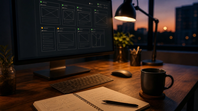 Dark workspace with a monitor showing a website crawl and sitemap-style audit view