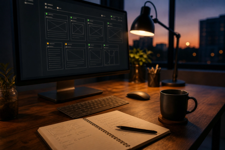 Dark workspace with a monitor showing a website crawl and sitemap-style audit view