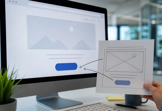 Monitor showing a landing page with a single glowing call-to-action above a paper wireframe