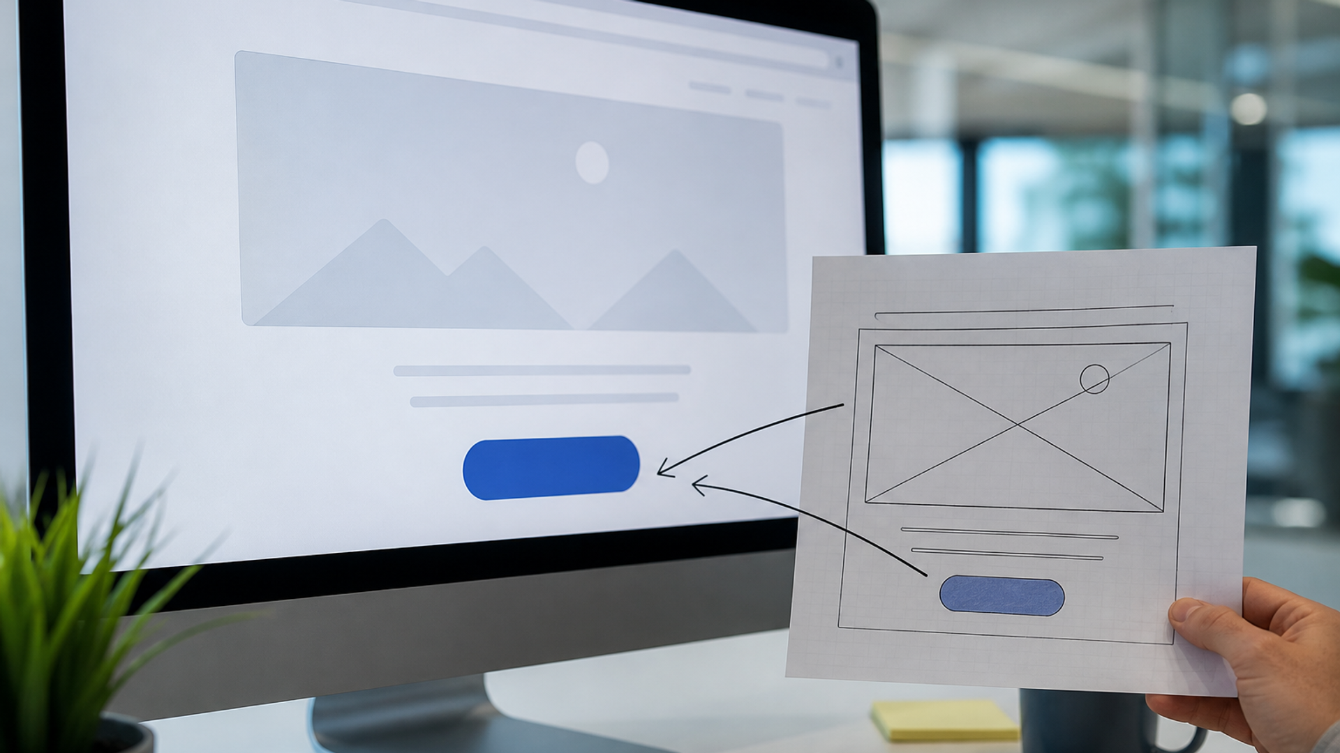 Monitor showing a landing page with a single glowing call-to-action above a paper wireframe