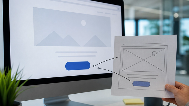 Monitor showing a landing page with a single glowing call-to-action above a paper wireframe