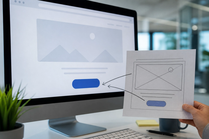 Monitor showing a landing page with a single glowing call-to-action above a paper wireframe