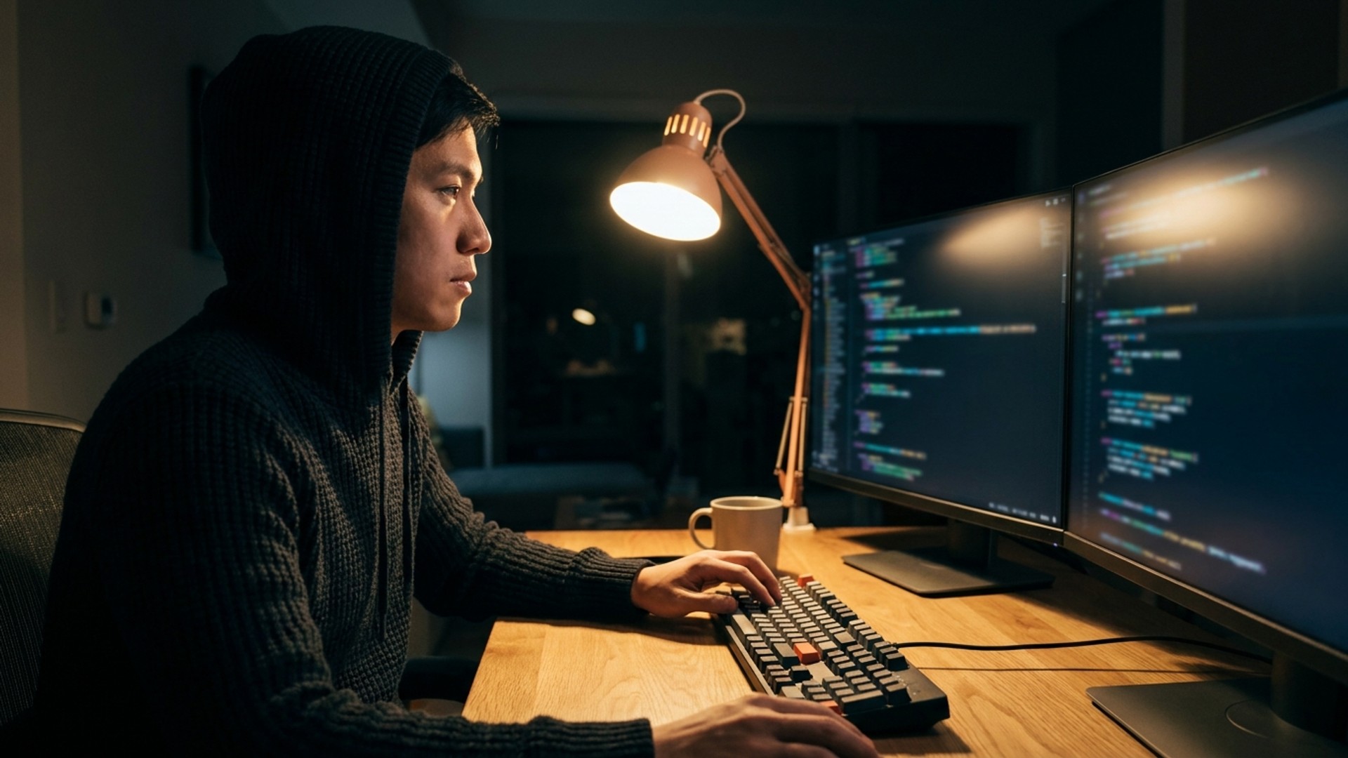 Senior developer working late at a minimal desk with two monitors showing code editor windows
