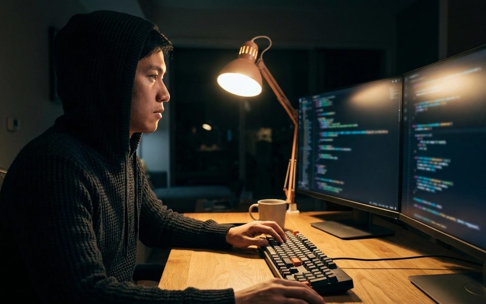 Senior developer working late at a minimal desk with two monitors showing code editor windows