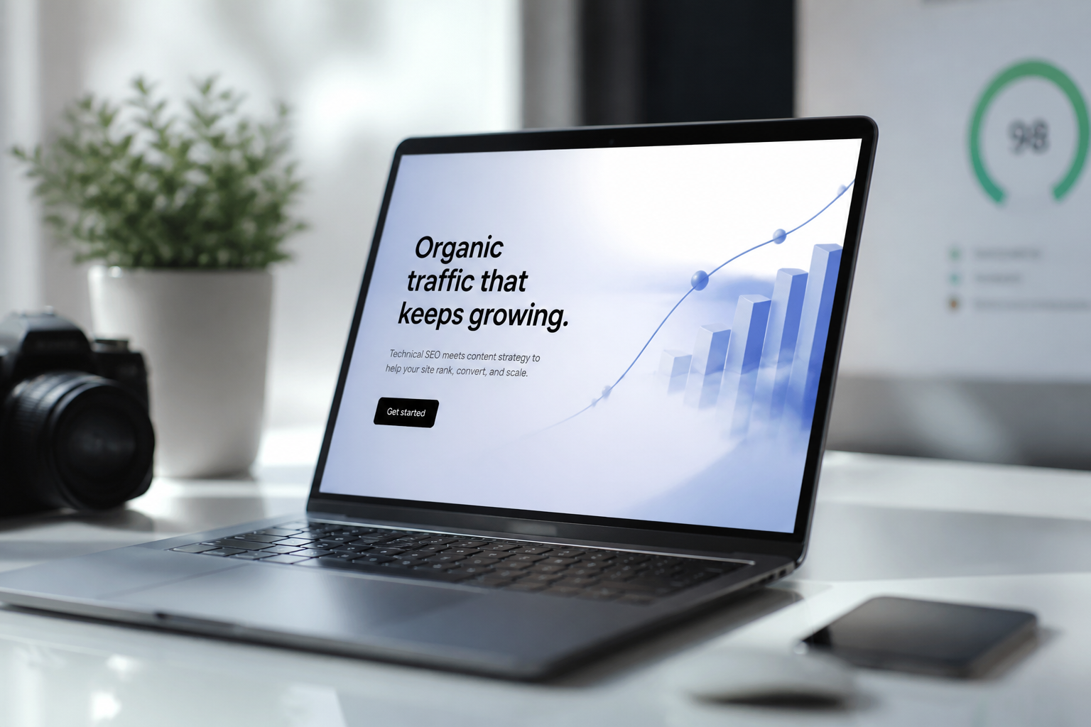 Framer canvas with page SEO settings open next to a search result listing