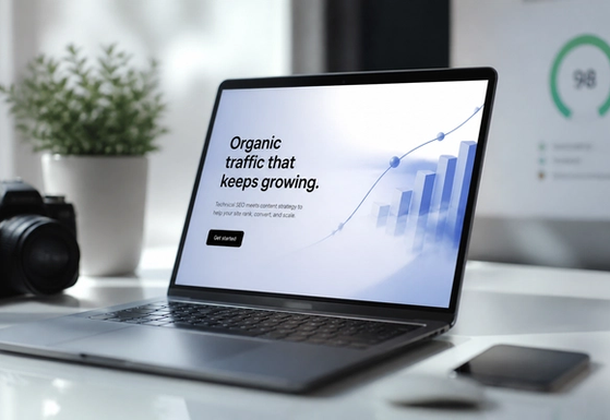 Framer canvas with page SEO settings open next to a search result listing