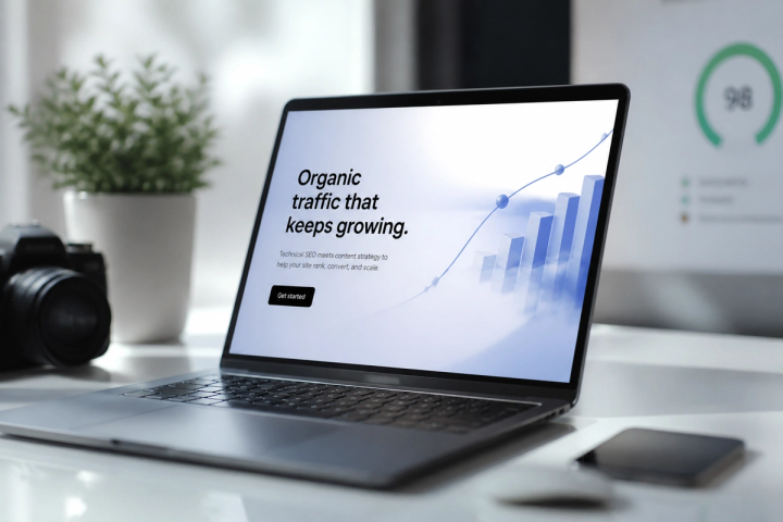 Framer canvas with page SEO settings open next to a search result listing