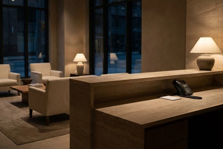 Empty MedSpa reception desk after hours with a desk phone and waiting chairs in soft light