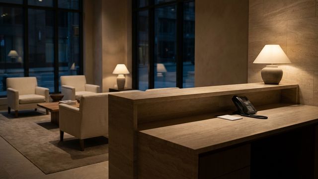 Empty MedSpa reception desk after hours with a desk phone and waiting chairs in soft light
