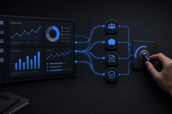 Small business operations dashboard connected to controlled AI workflows and a human decision switch