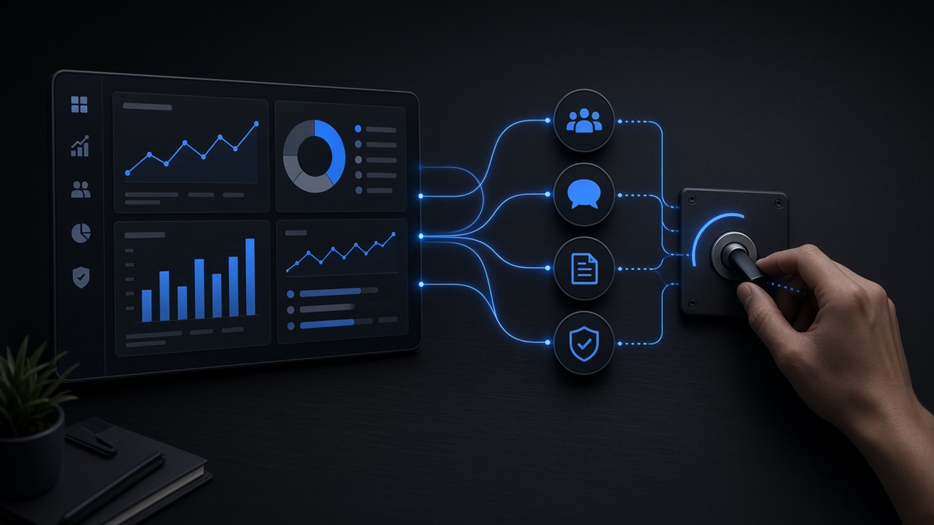 Small business operations dashboard connected to controlled AI workflows and a human decision switch