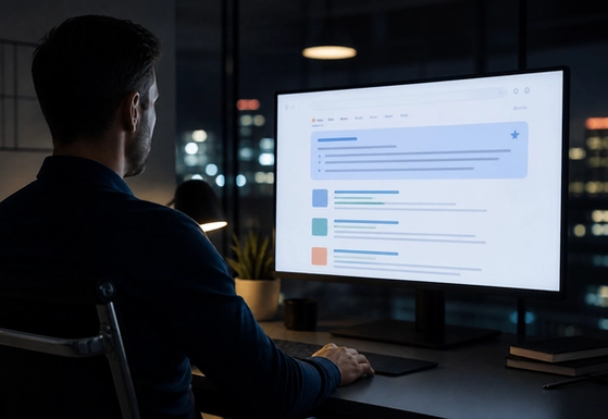 Search results layout on a monitor with an AI summary panel and supporting links highlighted