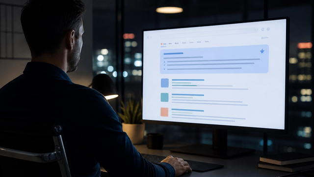 Search results layout on a monitor with an AI summary panel and supporting links highlighted