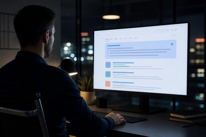 Search results layout on a monitor with an AI summary panel and supporting links highlighted