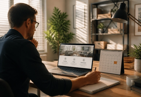 Consultant workspace with a services page, case study printout, and booking calendar on screen