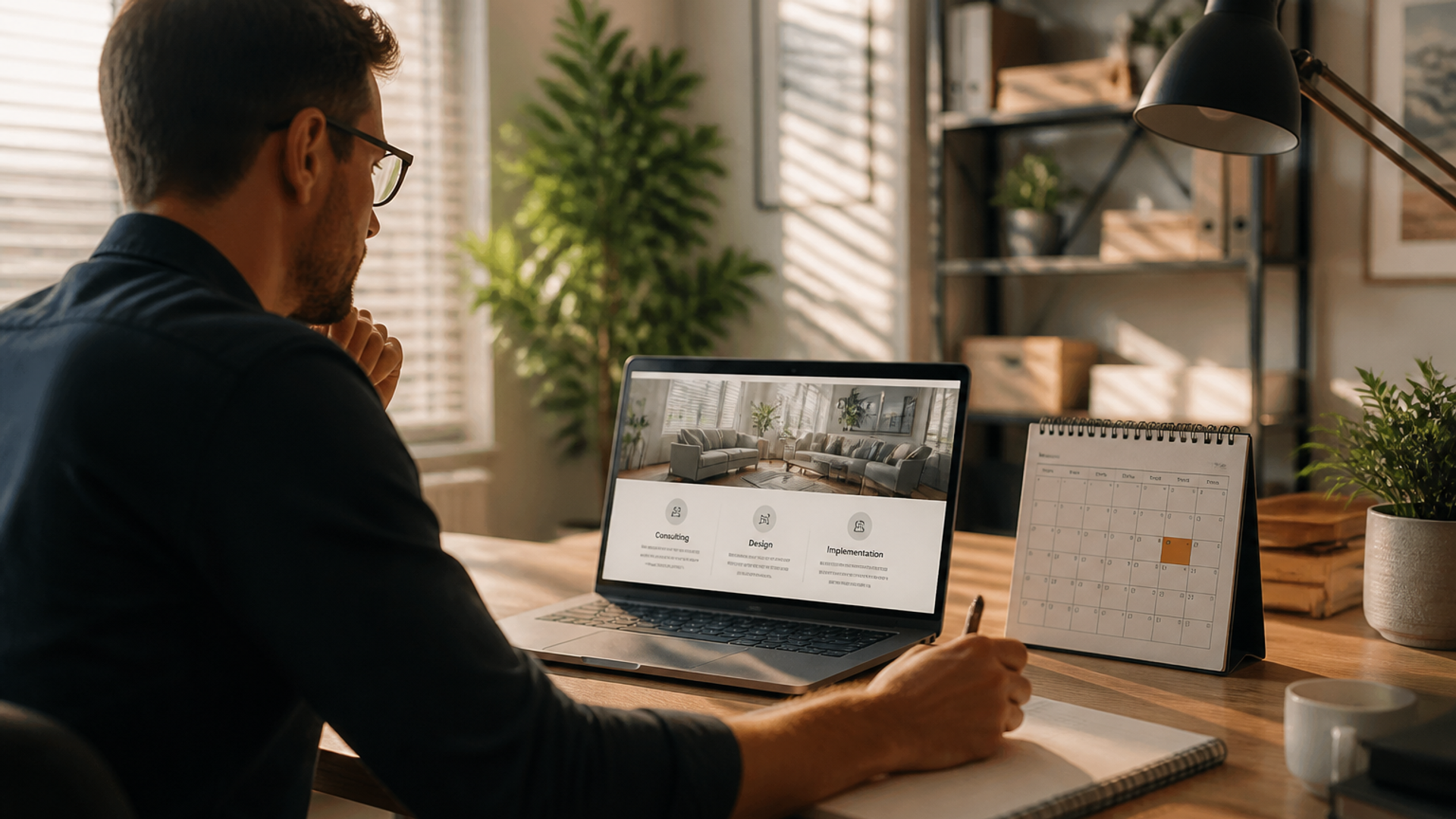 Consultant workspace with a services page, case study printout, and booking calendar on screen