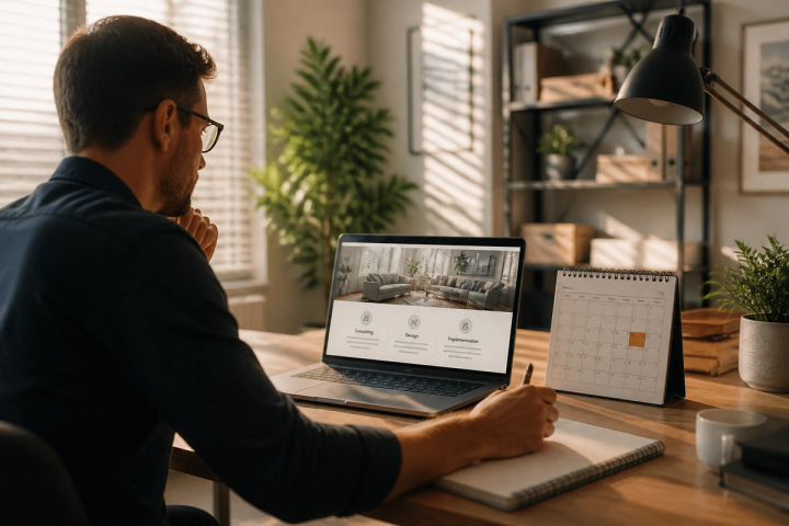 Consultant workspace with a services page, case study printout, and booking calendar on screen