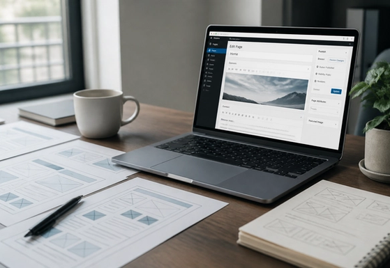 Desk with a website wireframe, a crawl spreadsheet, and a calendar marked before, during, and after launch