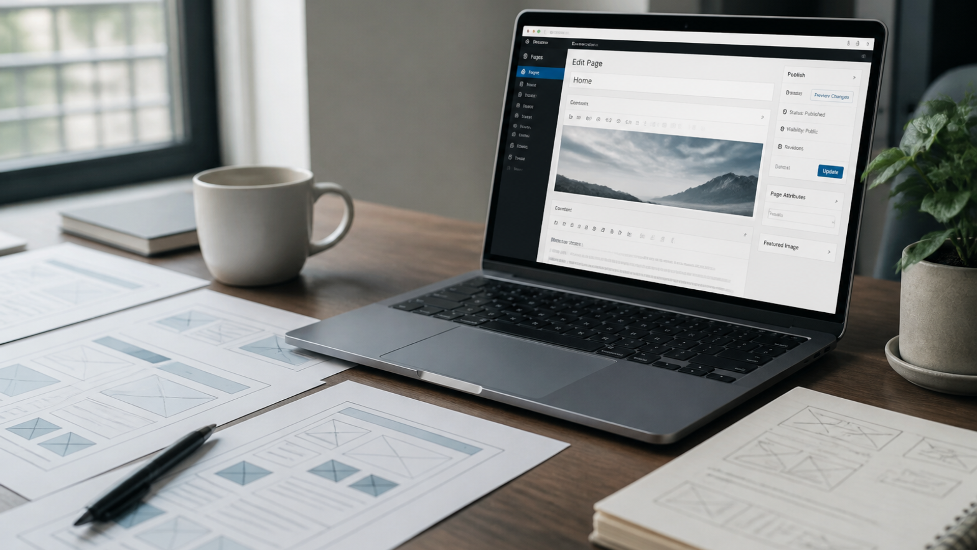 Desk with a website wireframe, a crawl spreadsheet, and a calendar marked before, during, and after launch