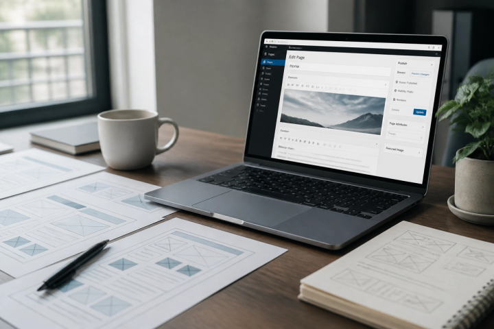 Desk with a website wireframe, a crawl spreadsheet, and a calendar marked before, during, and after launch