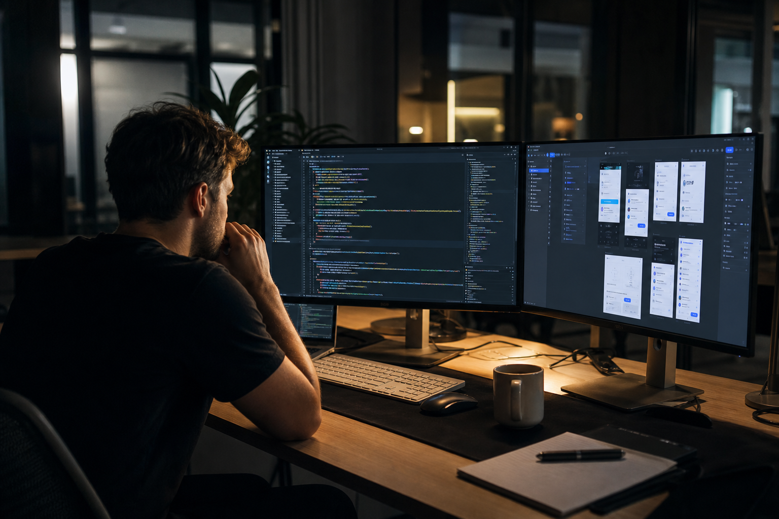 Developer workstation with a Next.js terminal and a handwritten scope checklist