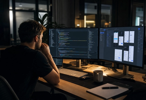 Developer workstation with a Next.js terminal and a handwritten scope checklist