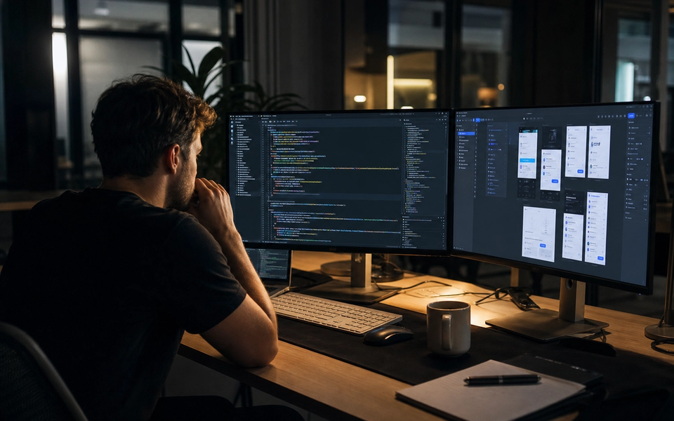 Developer workstation with a Next.js terminal and a handwritten scope checklist