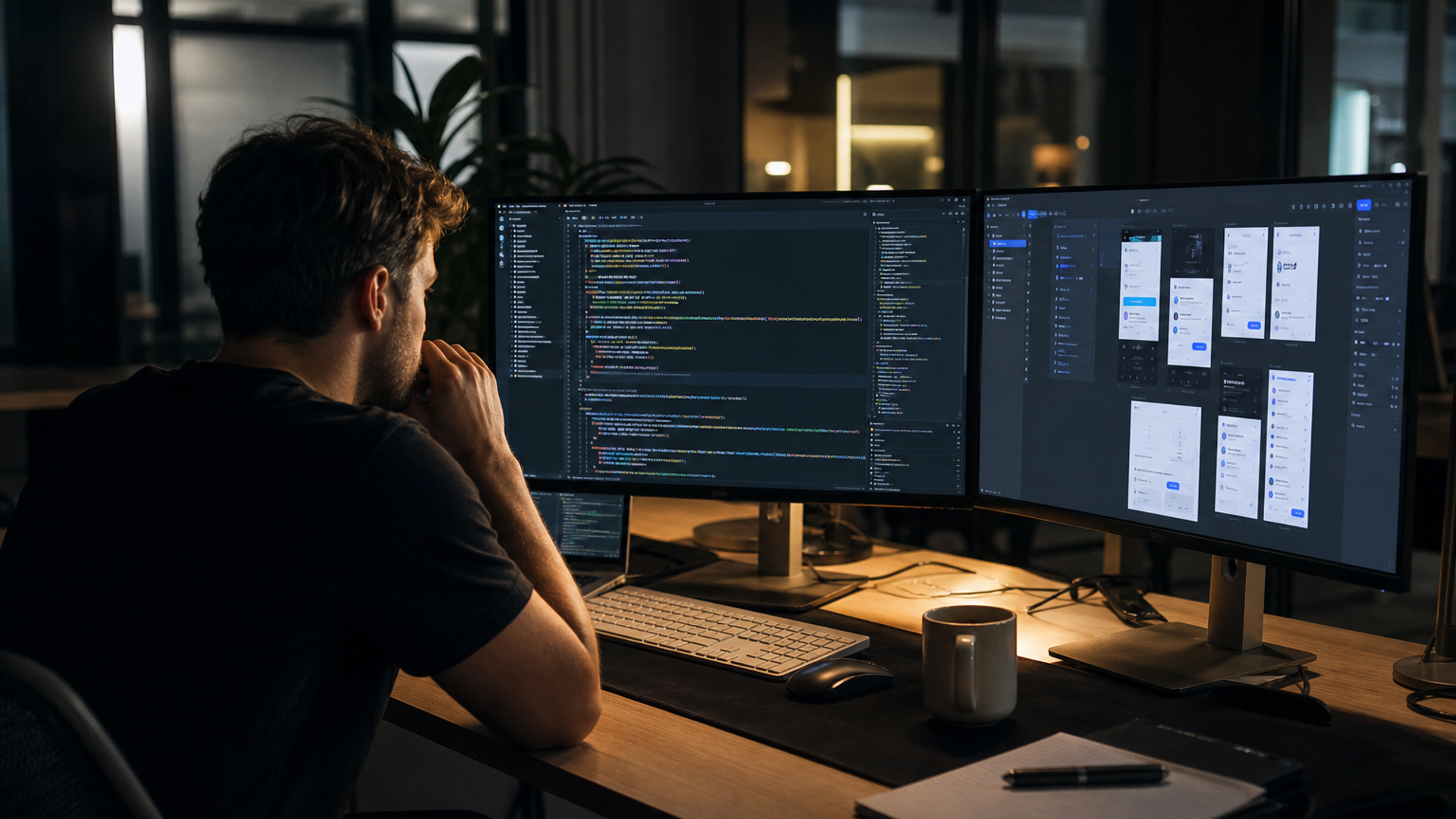 Developer workstation with a Next.js terminal and a handwritten scope checklist
