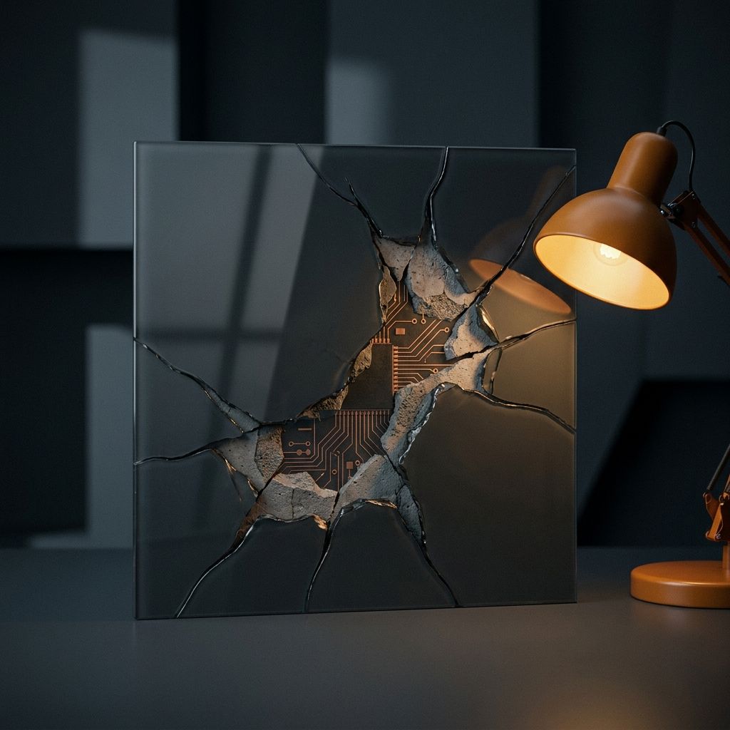 Cracked glass panel over dark circuitry, suggesting a polished product with a fragile production layer