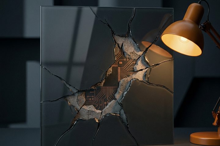 Cracked glass panel over dark circuitry, suggesting a polished product with a fragile production layer