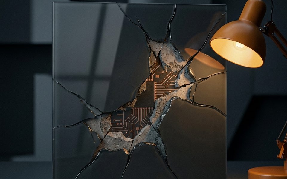 Cracked glass panel over dark circuitry, suggesting a polished product with a fragile production layer
