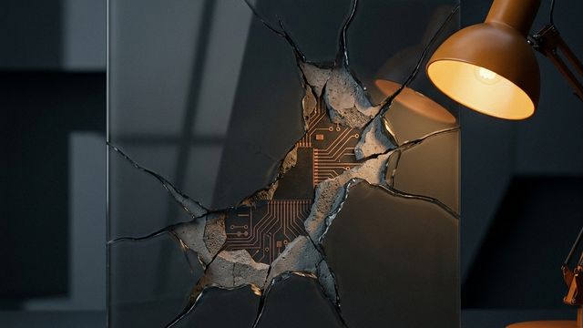 Cracked glass panel over dark circuitry, suggesting a polished product with a fragile production layer