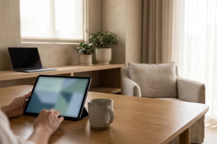 Modern longevity clinic consultation room with a tablet showing a search interface on the table