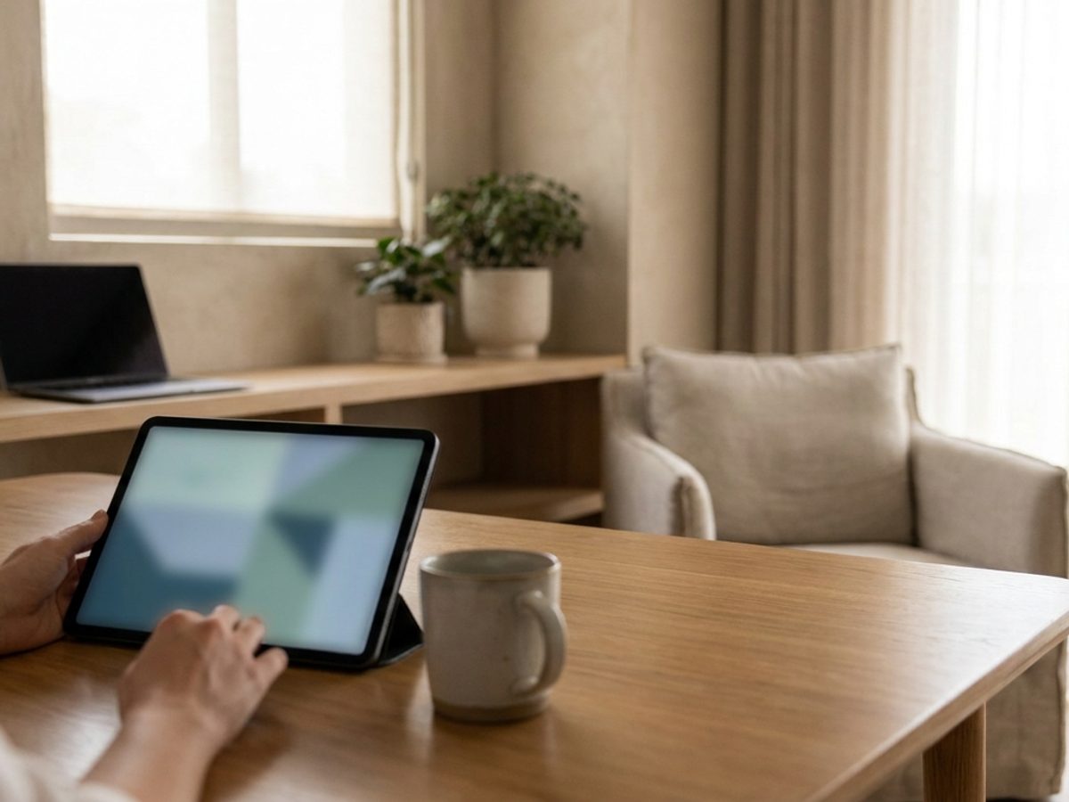 Modern longevity clinic consultation room with a tablet showing a search interface on the table