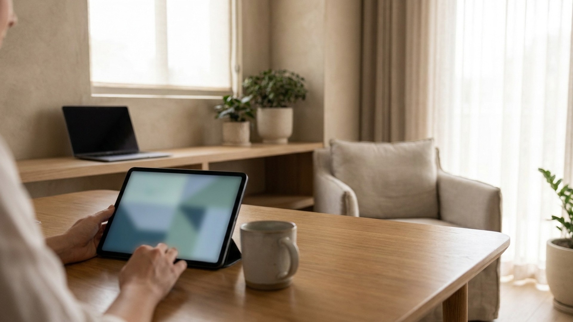 Clean longevity clinic treatment room with a tablet showing a search results page and an AI chat answer side by side