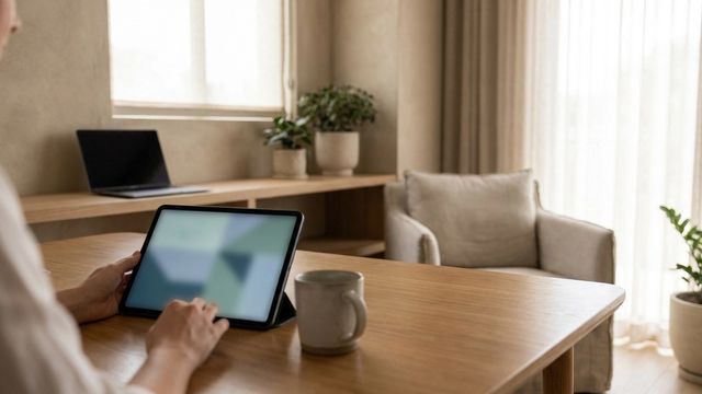 Modern longevity clinic consultation room with a tablet showing a search interface on the table