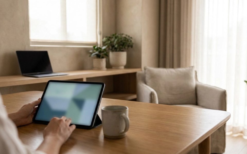 Modern longevity clinic consultation room with a tablet showing a search interface on the table