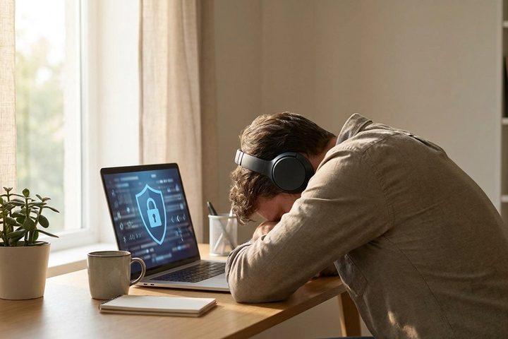 A solo developer reviewing a security and code review dashboard on a laptop at a minimalist desk