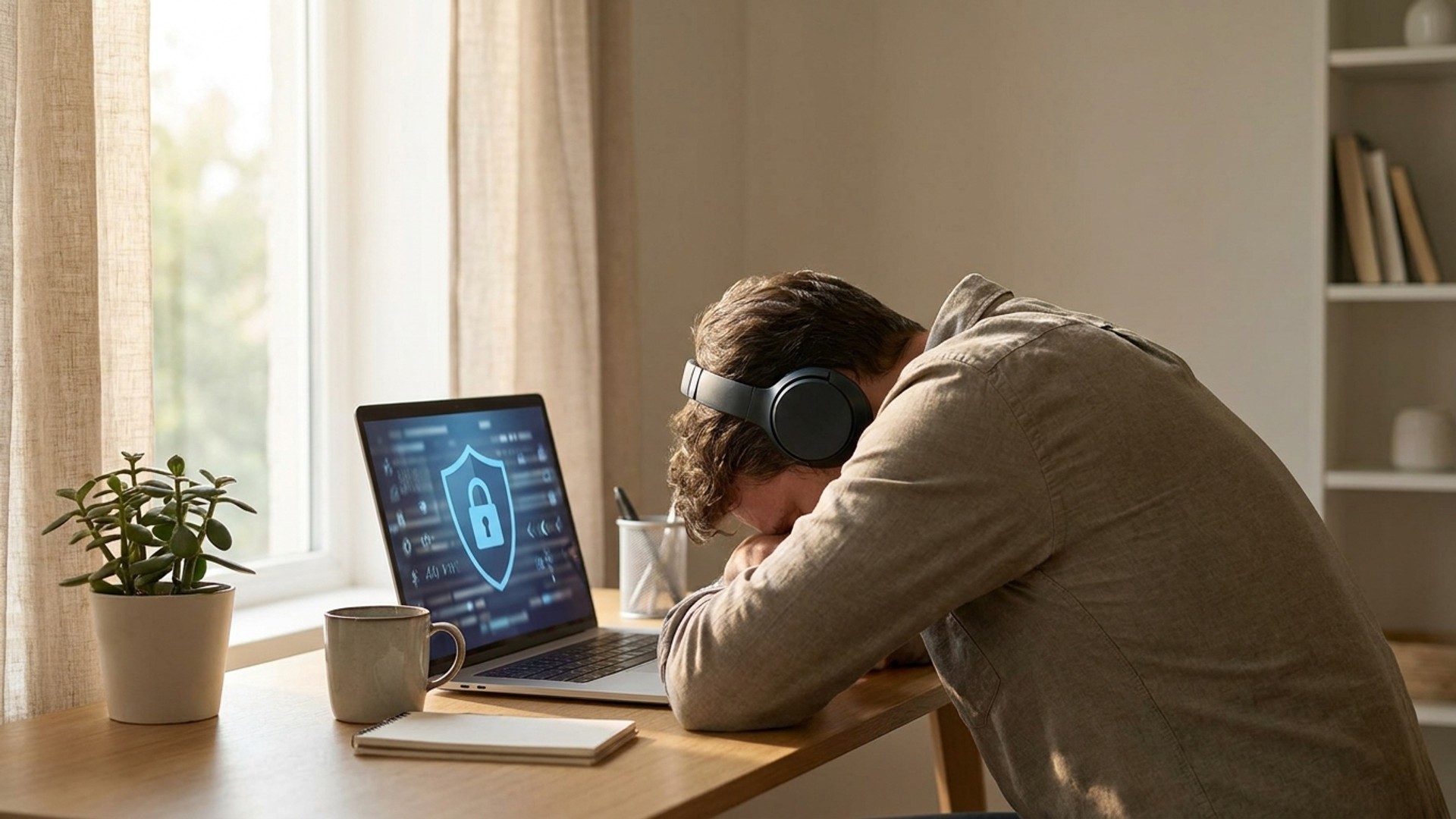 A solo developer reviewing a security and code review dashboard on a laptop at a minimalist desk