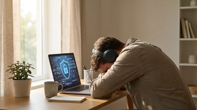 A solo developer reviewing a security and code review dashboard on a laptop at a minimalist desk