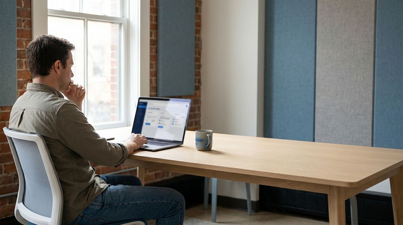 Solo SaaS founder at a desk reviewing product work on a laptop, illustrating a hiring decision between freelancer, agency, and product engineer