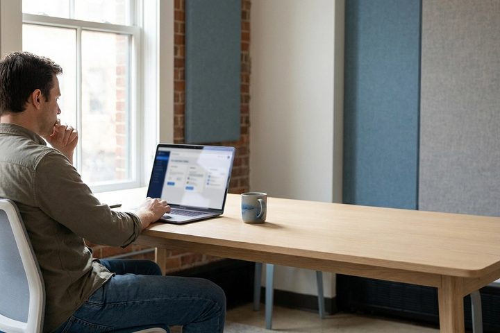 Solo SaaS founder at a desk reviewing product work on a laptop, illustrating a hiring decision between freelancer, agency, and product engineer