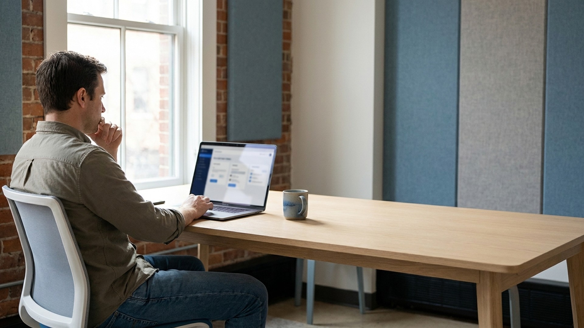 Solo SaaS founder at a desk reviewing product work on a laptop, illustrating a hiring decision between freelancer, agency, and product engineer
